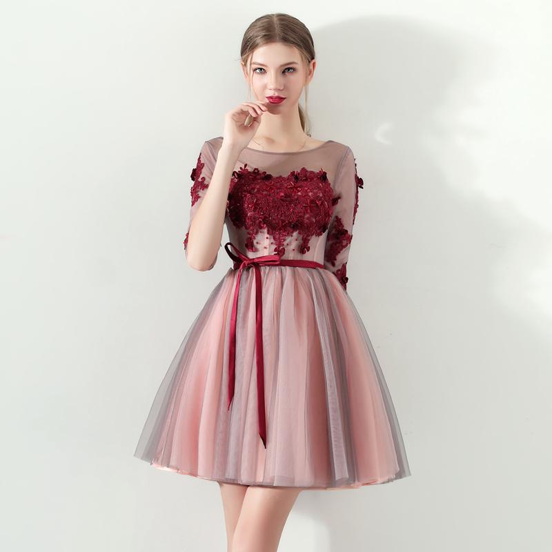 A Line Red Flowers Half Sleeves Homecoming Dresses, Short Appliques Prom Dress DMN61