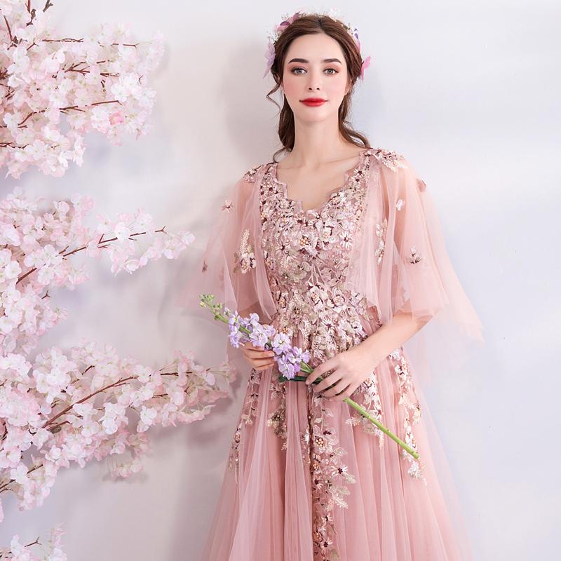 Princess A Line Pink Long Tulle Appliques V Neck Prom Dresses DMG68