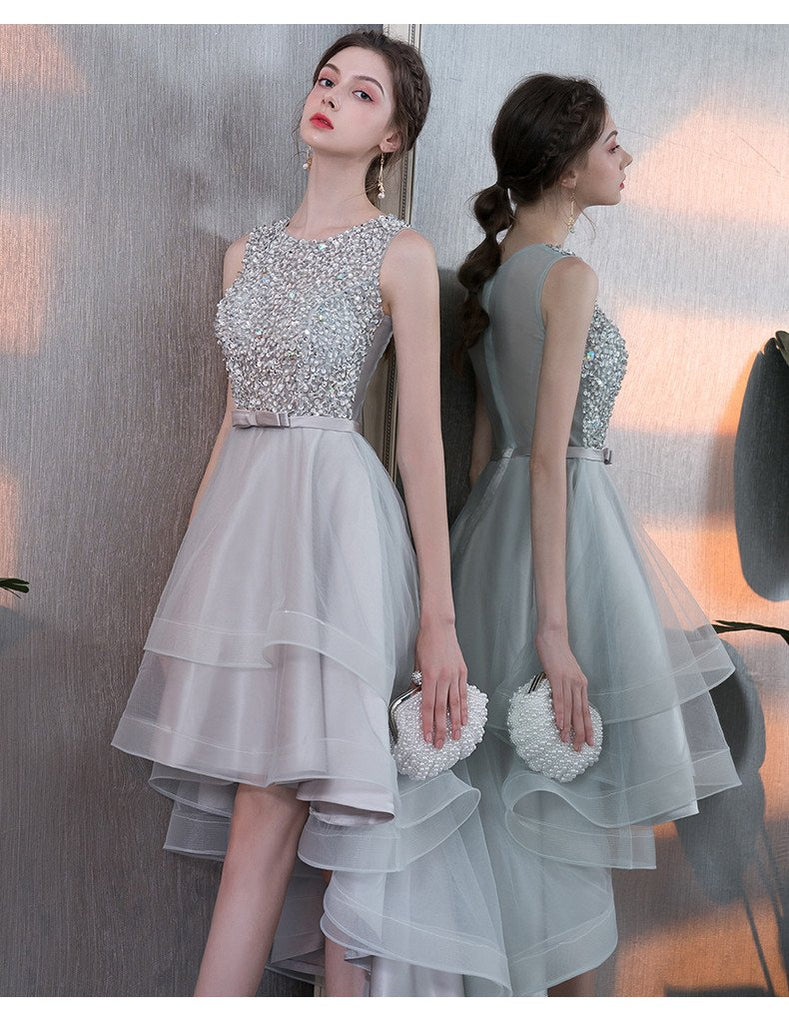 Gray High Low Beaded A Line Tulle Homecoming Dresses With Bownot DMC57