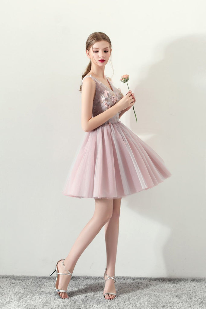 A Line V Neck Flowers Short Homecoming Dresses,Graduation Dress DMC62