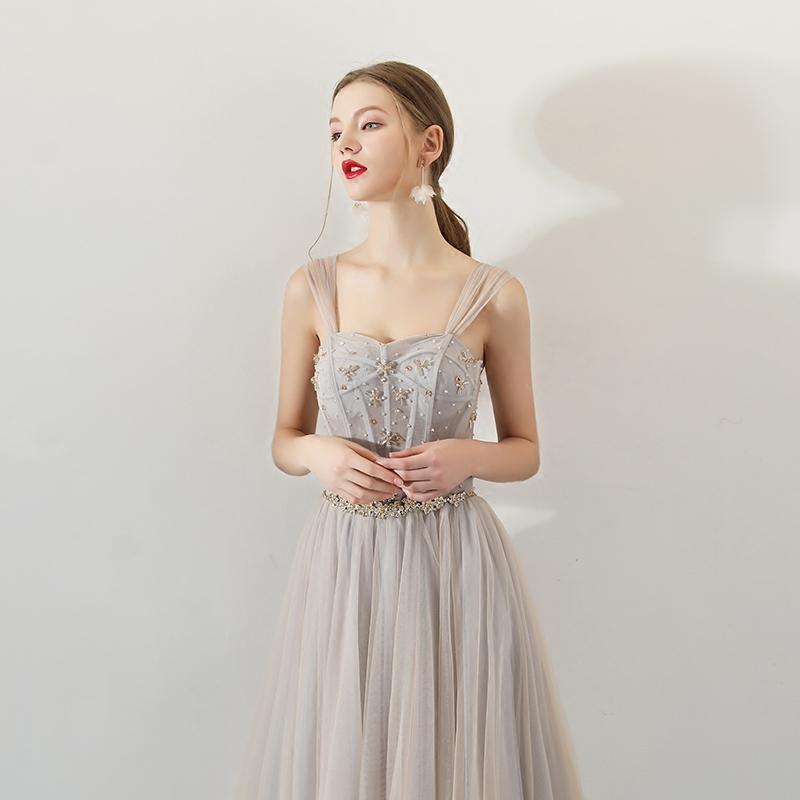 A Line Tulle Long Straps Lace Up Back Beaded Prom Dresses,Evening Dress DMG73