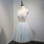 A Line Light Blue Floral Short V Neck Tulle Homecoming Dresses DMD3