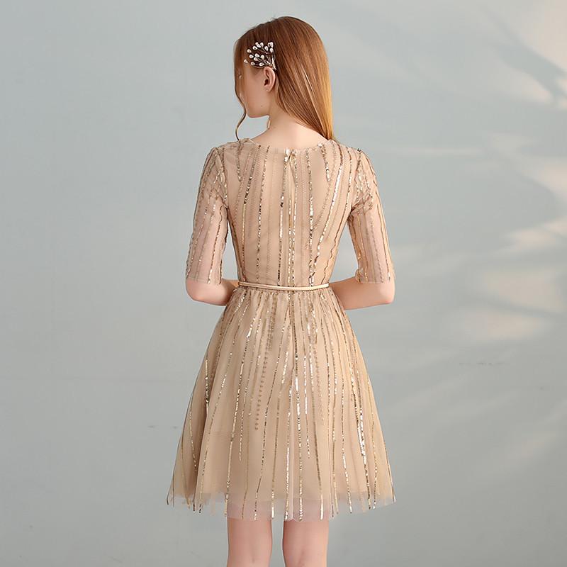 Gold Sequins A Line Short Tulle Half Sleeves Homecoming Dresses DMC98