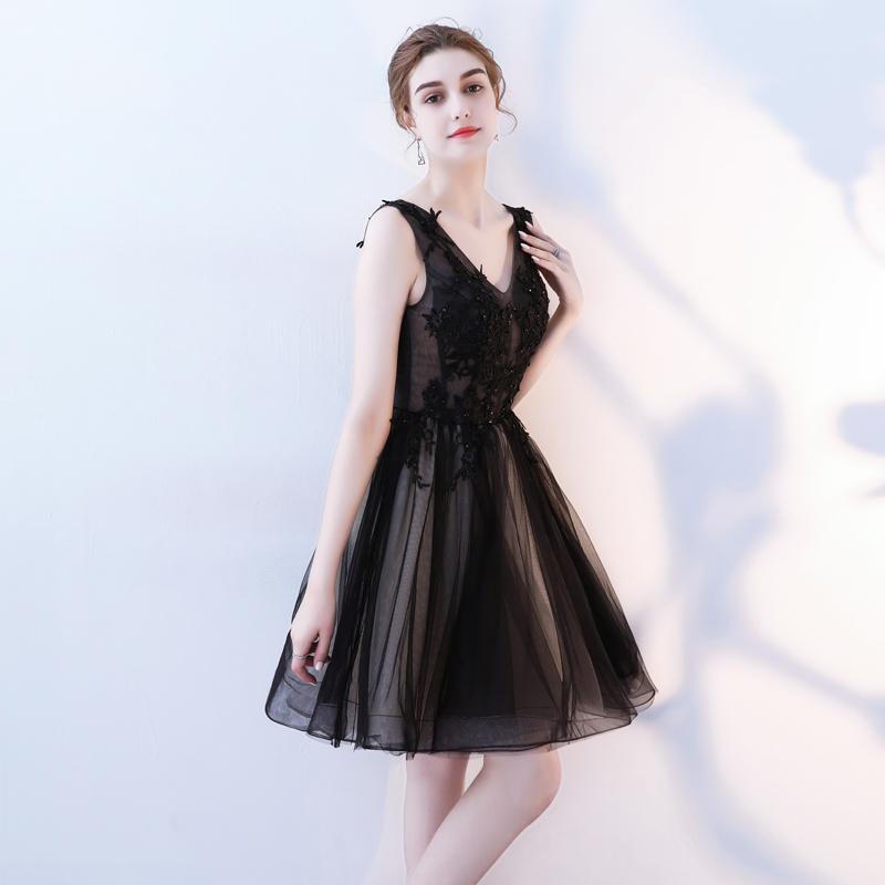 A Line V Neck Black Homecoming Dresses, Short Tulle Appliques Prom Dress DMN63