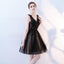 A Line V Neck Black Homecoming Dresses, Short Tulle Appliques Prom Dress DMN63