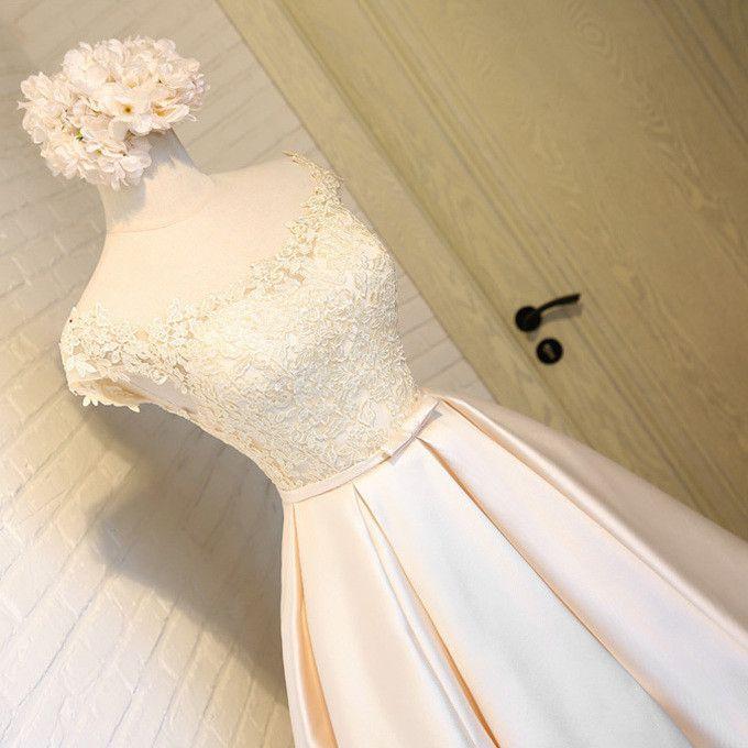 A Line Satin Short Prom Dress,New Arrival Lace Top Homecoming Dresses DM422