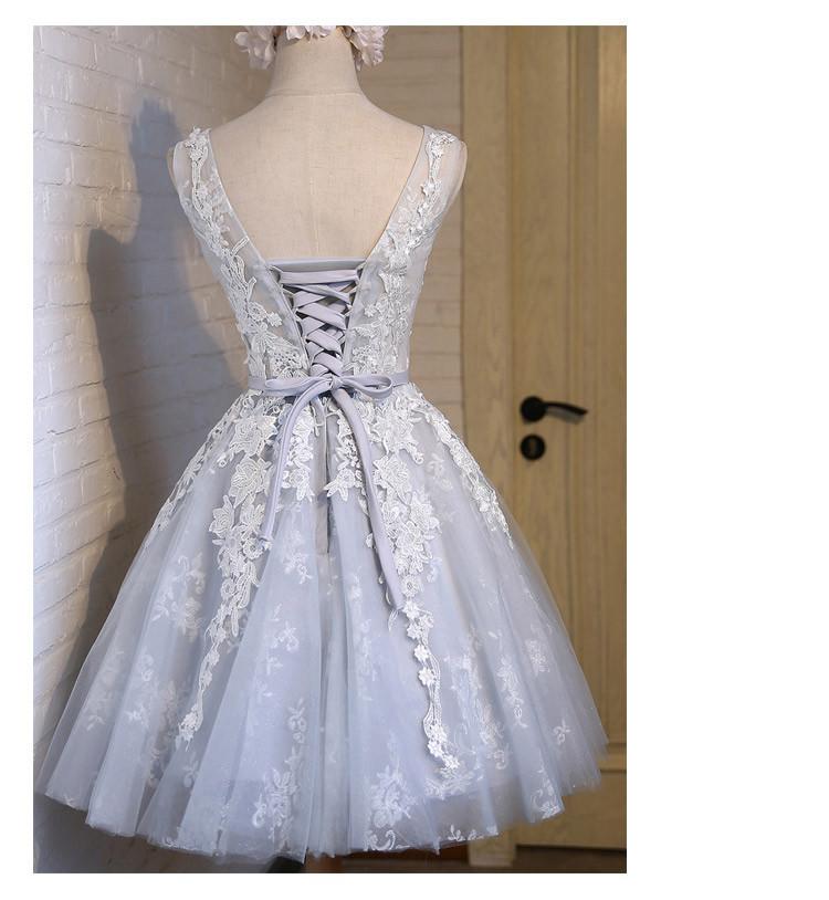 A Line Lace Appliques V Neck Gray Short Homecoming Dresses DMD6