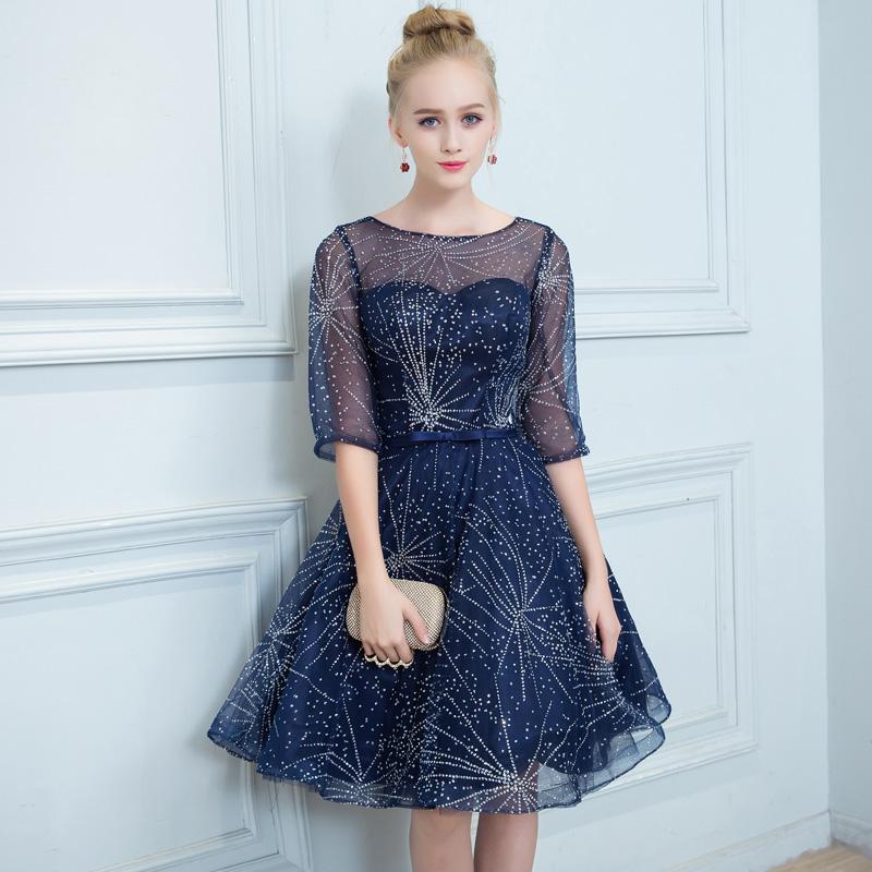 A Line Dark Blue Homecoming Dresses, Short Half Sleeves Prom Dress DMN64