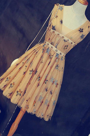 A Line Short Tulle Sleeveless Stars V Neck Homecoming Dresses DMC99