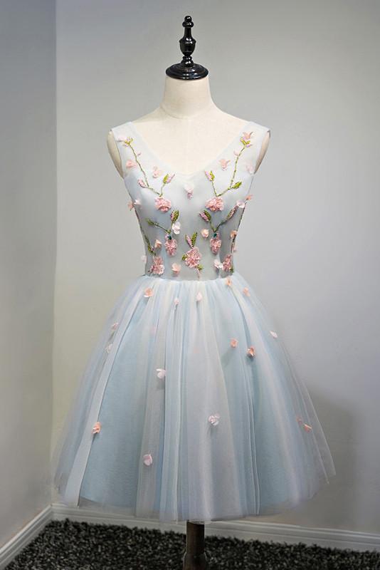 A Line Light Blue Floral Short V Neck Tulle Homecoming Dresses DMD3