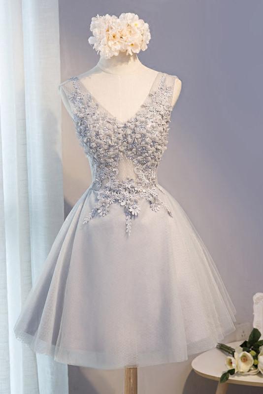 A Line Lace Appliques Short Gray V Neck Homecoming Dresses DMD1