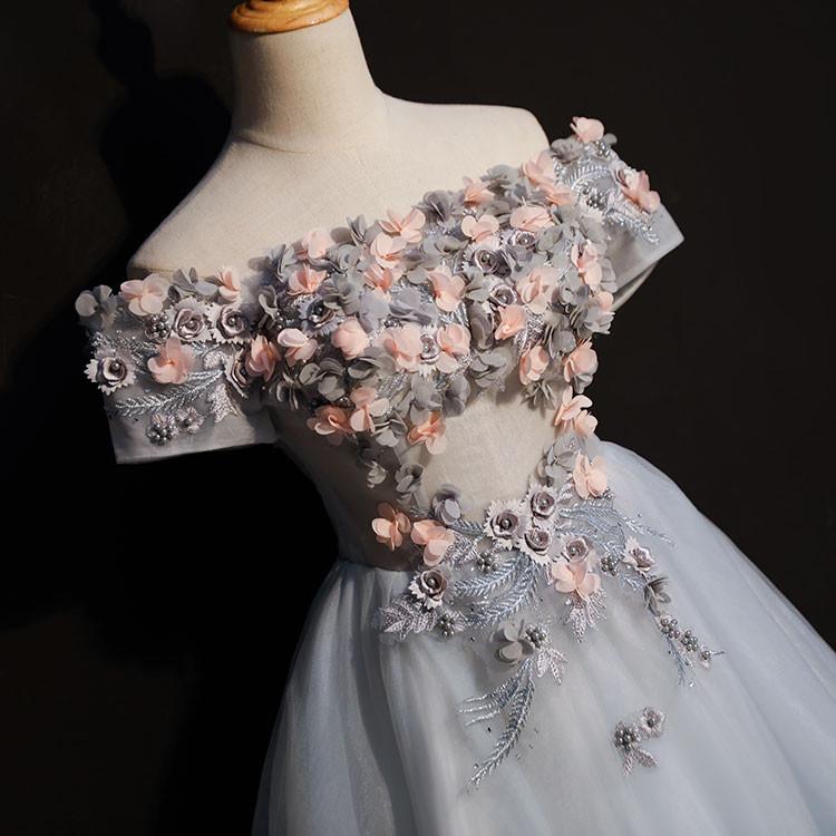Cute Gray Off the Shoulder Floral Appliques A Line Tulle Homecoming Dresses DMC58