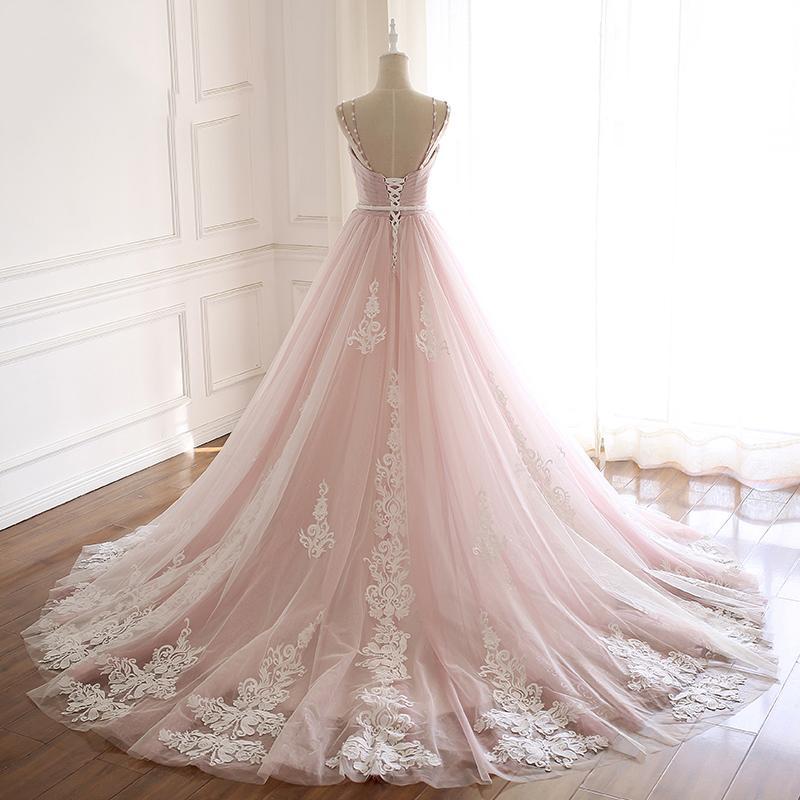 Pink Tulle Prom Dress with Lace Appliques, A Line Formal Evening Party Dresses DMJ50