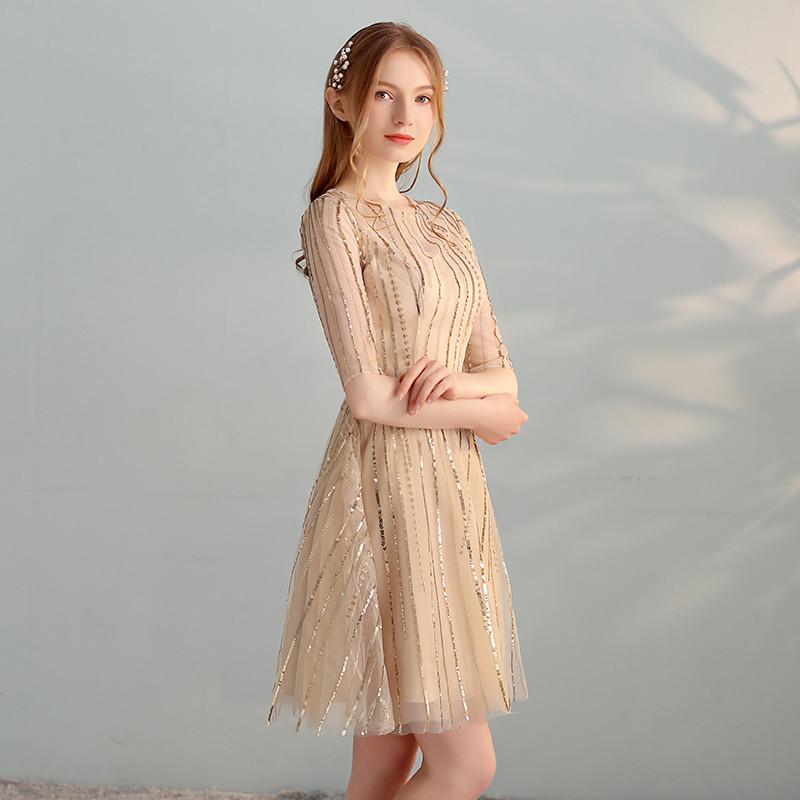 Gold Sequins A Line Short Tulle Half Sleeves Homecoming Dresses DMC98