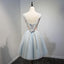 A Line Light Blue Floral Short V Neck Tulle Homecoming Dresses DMD3