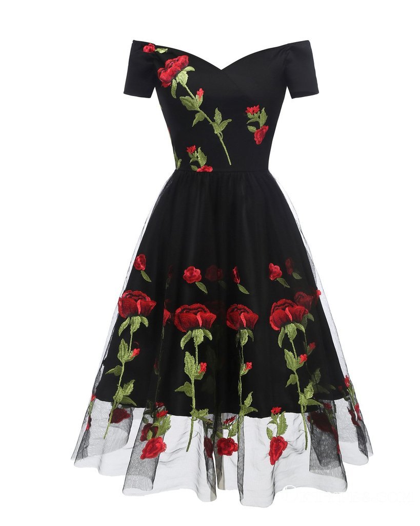 Charming Off the Shoulder Tulle Black Homecoming Dresses with Flowers DMO45