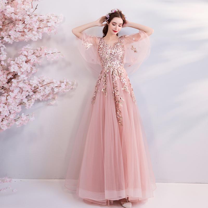 Princess A Line Pink Long Tulle Appliques V Neck Prom Dresses DMG68