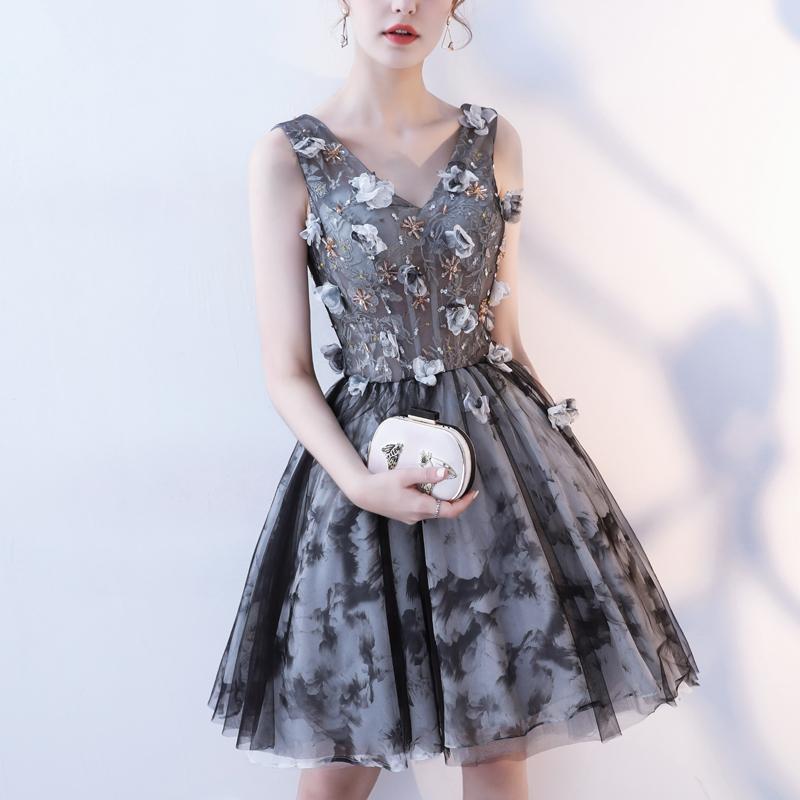 V Neck A Line Flowers Homecoming Dresses, Short Grey Prom Dress DMN60