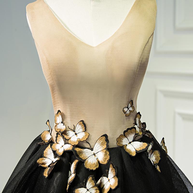 A Line Black V Neck Homecoming Dresses, Sleeveless Prom Dress With Butterfly DMN68