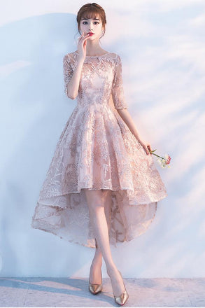 Princess A Line Lace High Low Half Sleeves Homecoming Dresses DMC96