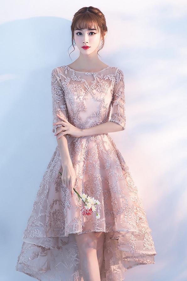 Princess A Line Lace High Low Half Sleeves Homecoming Dresses DMC96