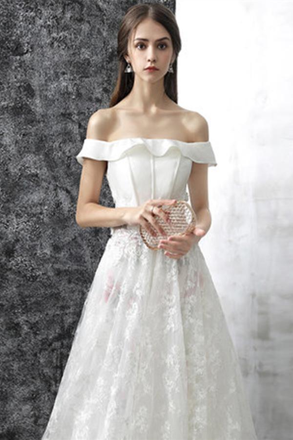 Princess White Off the Shoulder Lace A Line Wedding Dress DM637