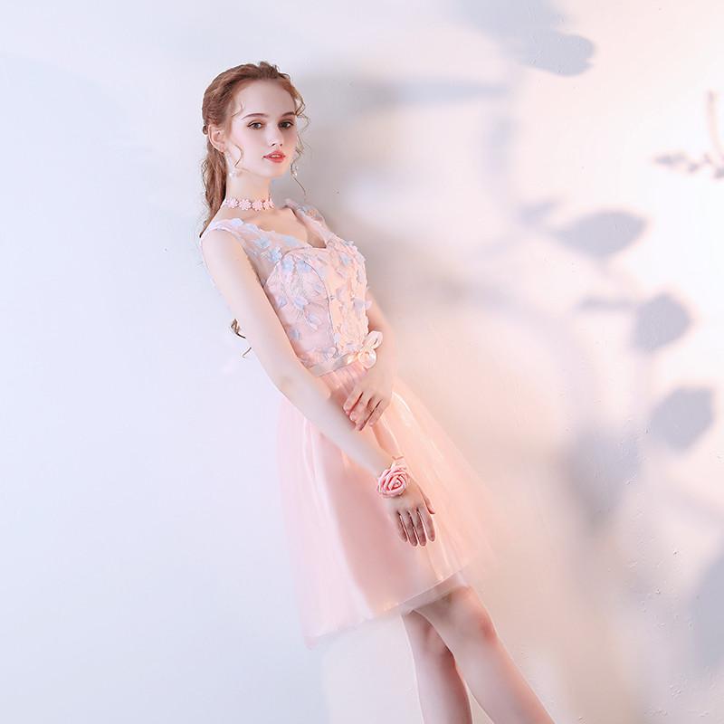 Pink A Line Tulle Cap Sleeves Short Homecoming Dresses With Flowers DMC59