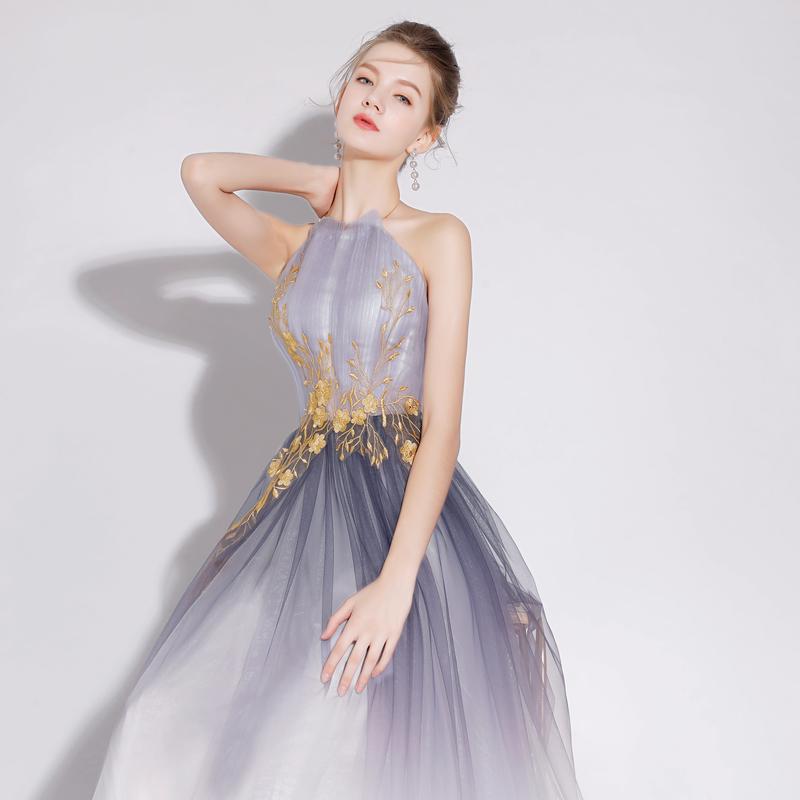 A Line Halter Tulle Long Prom Dresses With Appliques DML28