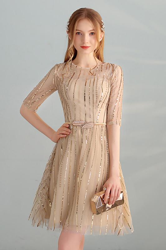 Gold Sequins A Line Short Tulle Half Sleeves Homecoming Dresses DMC98
