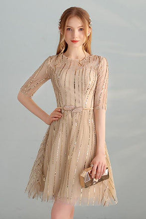 Gold Sequins A Line Short Tulle Half Sleeves Homecoming Dresses DMC98