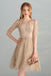 Gold Sequins A Line Short Tulle Half Sleeves Homecoming Dresses DMC98