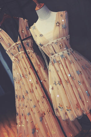 A Line Short Tulle Sleeveless Stars V Neck Homecoming Dresses DMC99