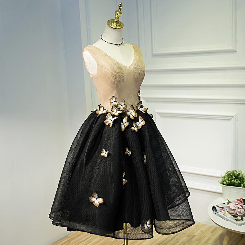 A Line Black V Neck Homecoming Dresses, Sleeveless Prom Dress With Butterfly DMN68