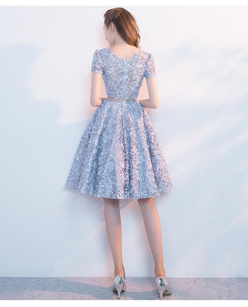 Elegant Lace A Line Short Light Blue Homecoming Dresses DMC95