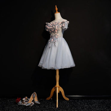 Cute Gray Off the Shoulder Floral Appliques A Line Tulle Homecoming Dresses DMC58