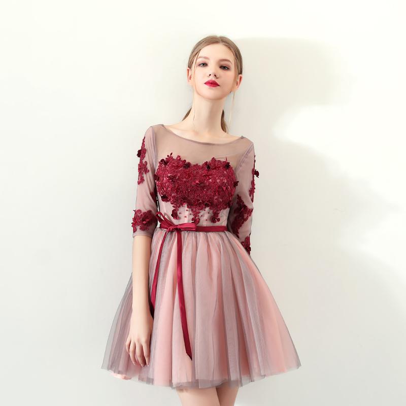 A Line Red Flowers Half Sleeves Homecoming Dresses, Short Appliques Prom Dress DMN61