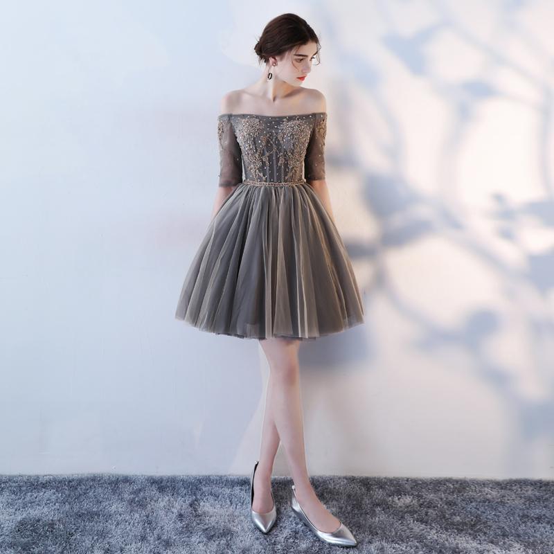 A Line Half Sleeves Off the Shoulder Homecoming Dresses, Short Appliques Prom Dress DMN62
