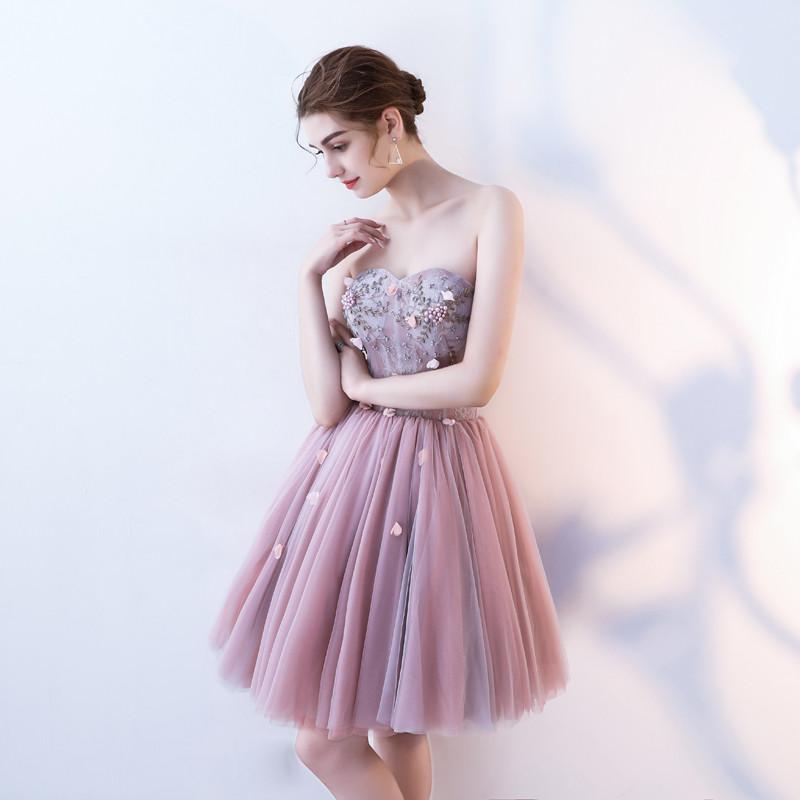 A Line Strapless Flowers Short Tulle Homecoming Dresses,Cocktail Dress DMC64