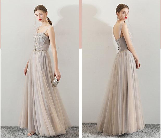 A Line Tulle Long Straps Lace Up Back Beaded Prom Dresses,Evening Dress DMG73