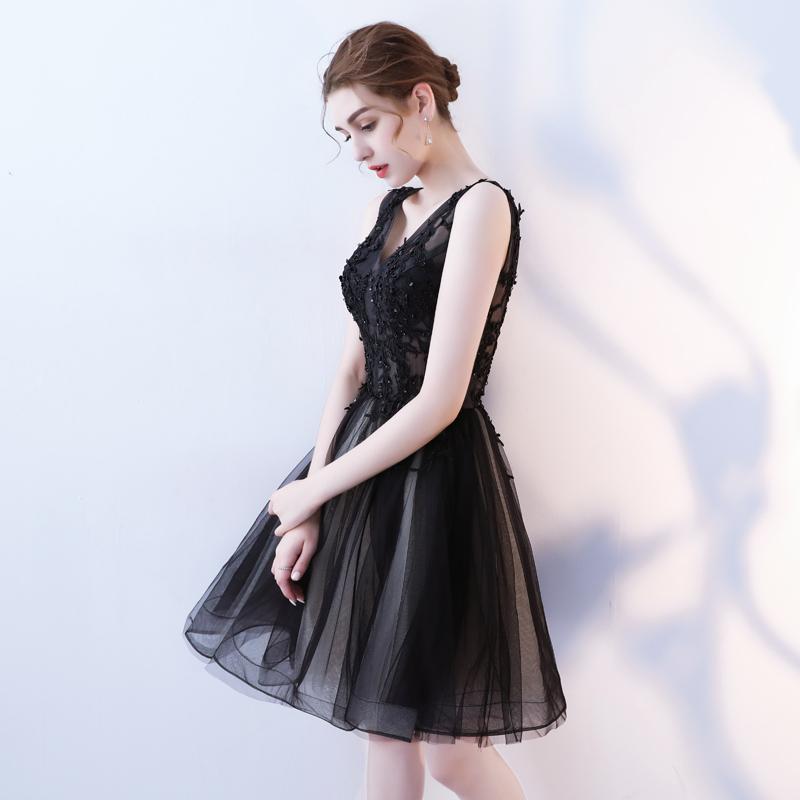 A Line V Neck Black Homecoming Dresses, Short Tulle Appliques Prom Dress DMN63
