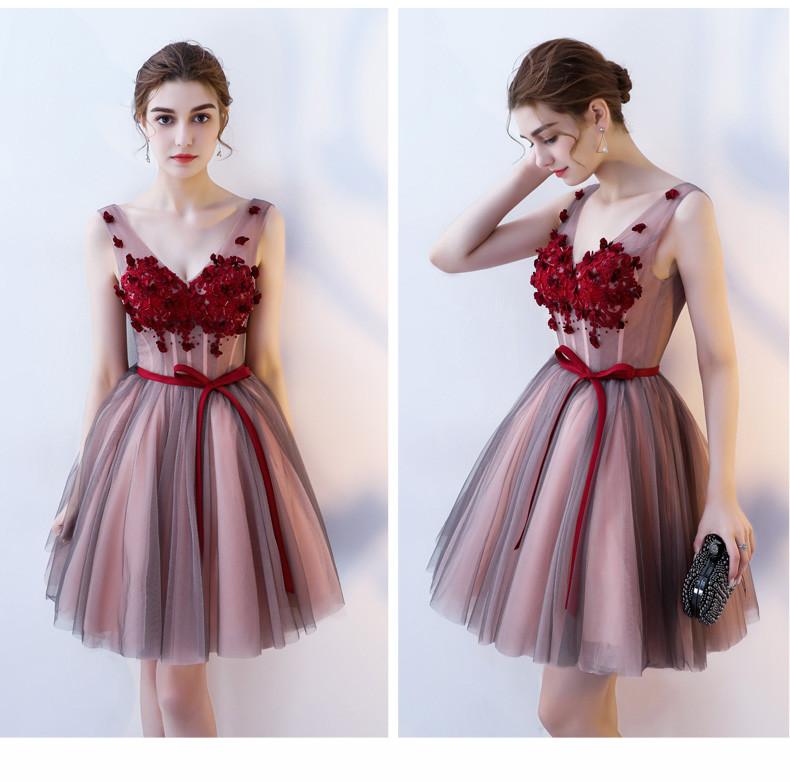 Charming A Line V Neck Red Flowers Short Tulle Homecoming Dresses DMC65