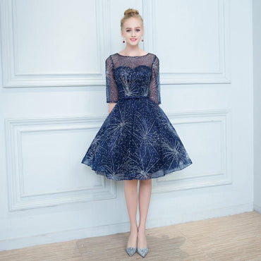 A Line Dark Blue Homecoming Dresses, Short Half Sleeves Prom Dress DMN64