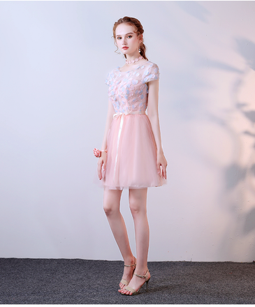 Pink A Line Tulle Cap Sleeves Short Homecoming Dresses With Flowers DMC59