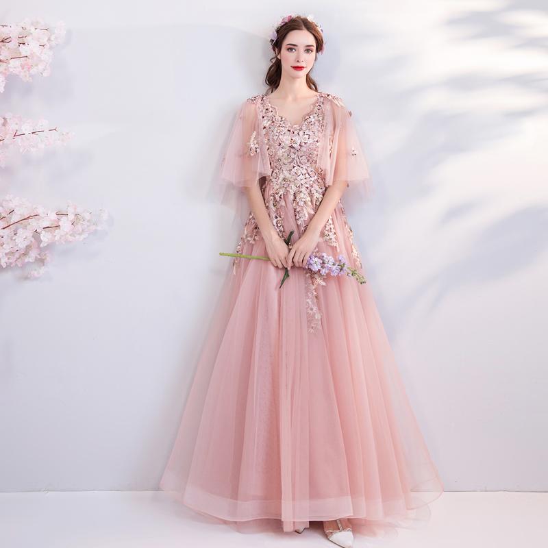 Princess A Line Pink Long Tulle Appliques V Neck Prom Dresses DMG68