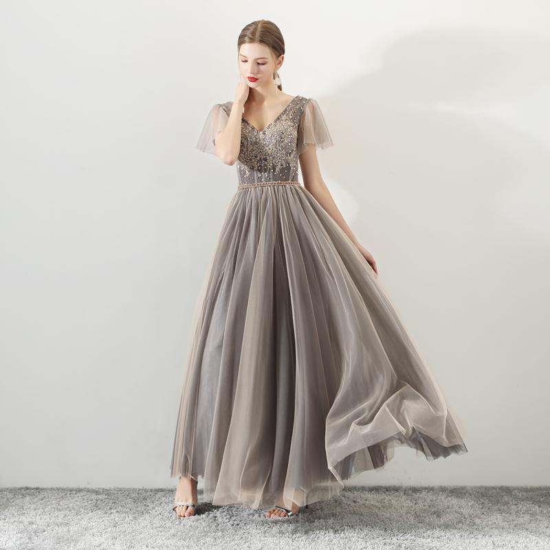 A Line Tulle Long Appliques Beaded Prom Dresses, Grey Formal Evening Dress DMG72