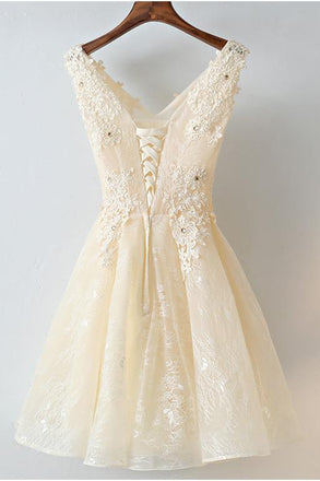 Cute A Line Lace Appliques Short Lace Up Back Homecoming Dresses DMC100