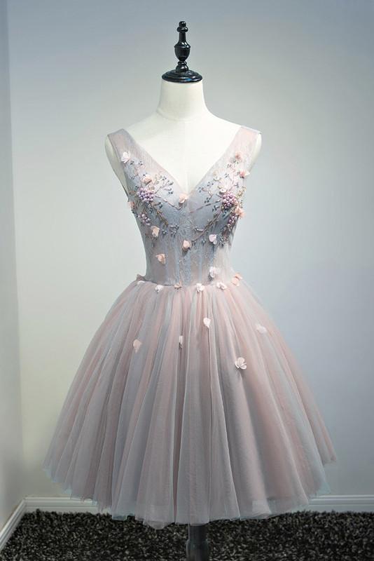 A Line Lace Floral Short V Neck Tulle Homecoming Dresses DMD2