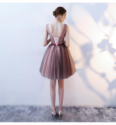 Charming A Line V Neck Red Flowers Short Tulle Homecoming Dresses DMC65