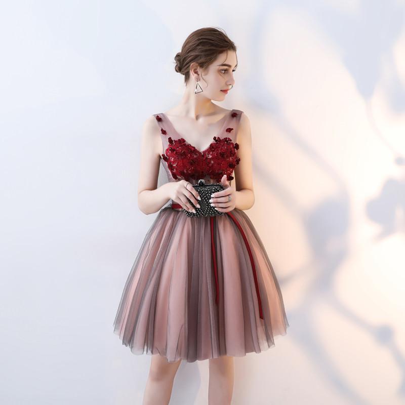 Charming A Line V Neck Red Flowers Short Tulle Homecoming Dresses DMC65