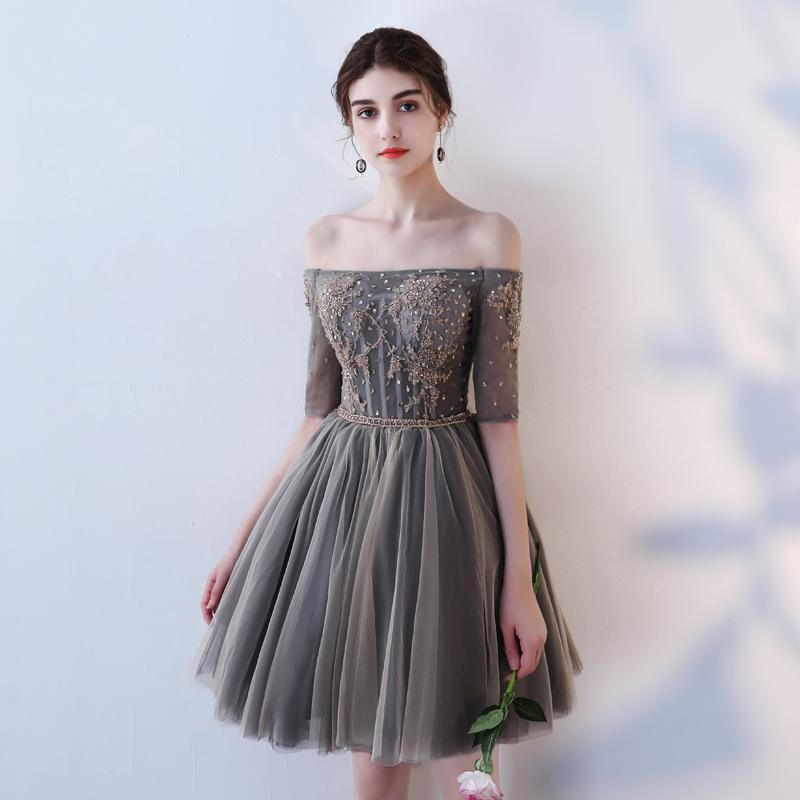 A Line Half Sleeves Off the Shoulder Homecoming Dresses, Short Appliques Prom Dress DMN62